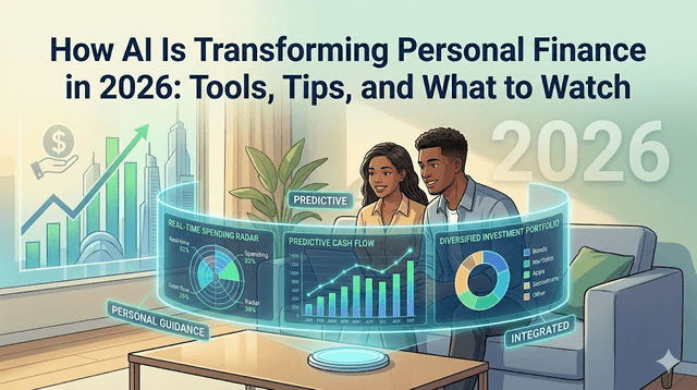 Modern couple reviewing AI-powered personal finance dashboard with holographic charts