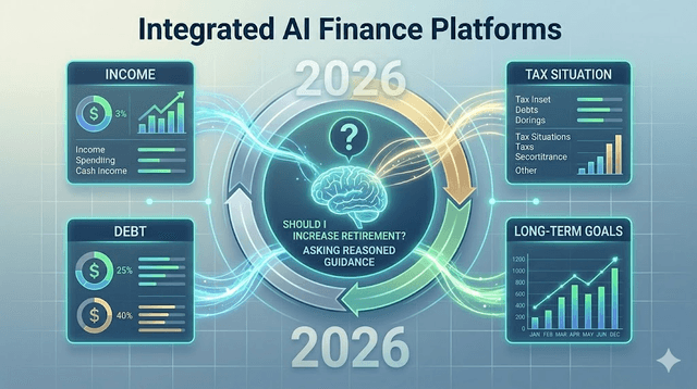 Infographic showing income, debt, tax, and goals flowing into one AI finance decision engine