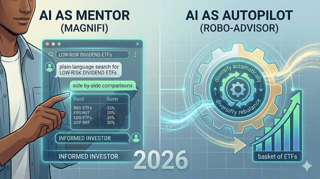 Split visual comparing AI investment mentor tools and robo-advisor autopilot systems