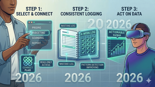 Three-step secure onboarding graphic for choosing a tool, connecting accounts, and acting on insights