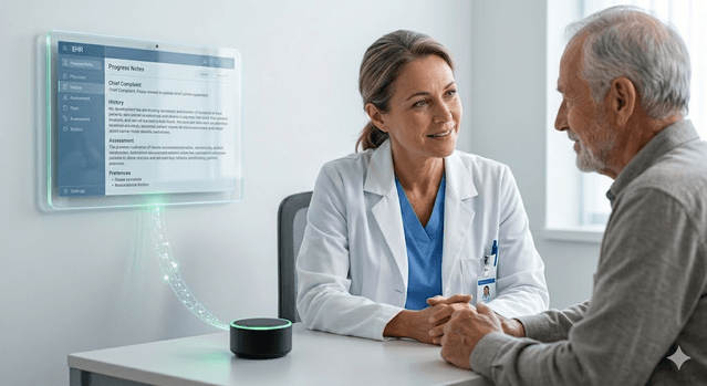 Ambient listening interface structuring a patient encounter into formatted EHR progress notes on a transparent display