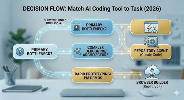 Decision flow mapping slow writing, complex debugging, and rapid prototyping to the right AI coding tool category