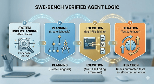 Four-stage engineering agent logic flow from system understanding to planning, execution, and iterative correction