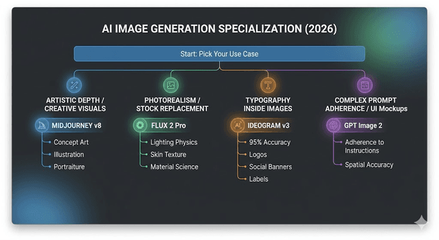 Flow diagram mapping creator needs to Midjourney, FLUX, Ideogram, and GPT Image tool strengths