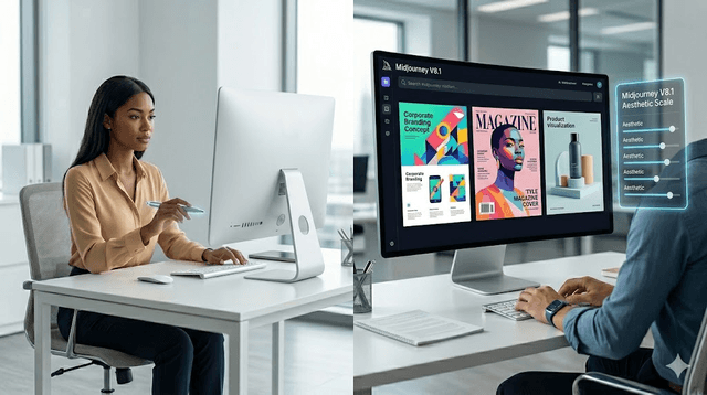 Creative professional generating multiple polished visual concepts in Midjourney