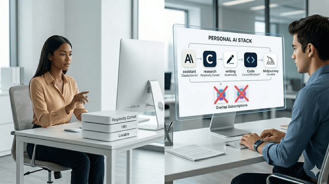Minimal workspace with integrated personal AI stack diagram and overlap warning symbols