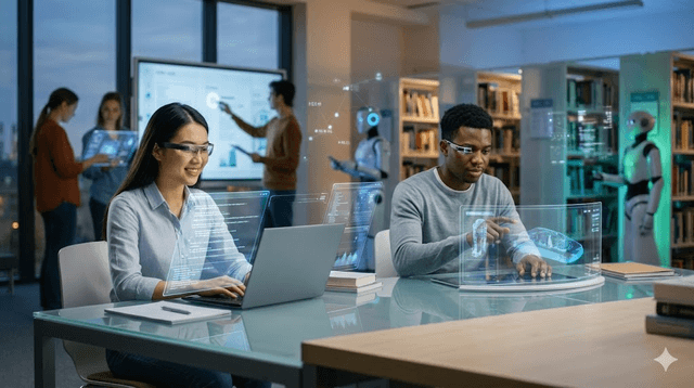 Diverse students in a 2026 campus library using holographic and AR study interfaces