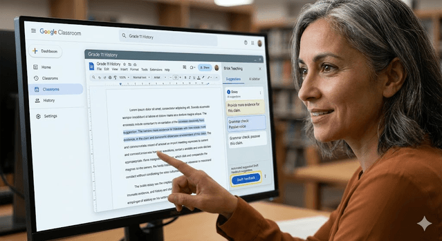Teacher using AI assistance embedded inside Google Docs and Google Classroom workflow