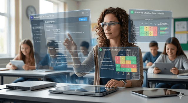 Teacher collaborating with AI classroom dashboards in a modern 2026 learning environment