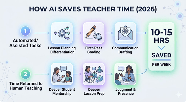 Flow diagram showing lesson planning, grading, and communication automation freeing 10 to 15 hours weekly