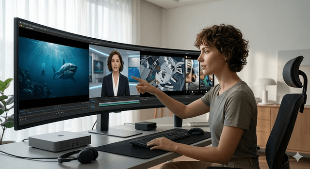 Creator reviewing high-fidelity AI video scenes in a modern studio workflow