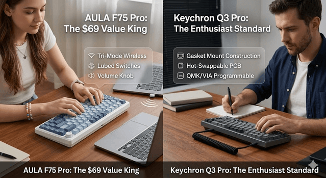 Side-by-side comparison of budget tri-mode keyboard features versus premium gasket-mount typing board