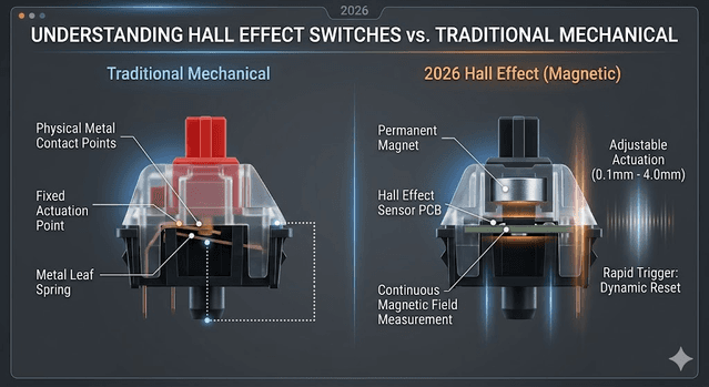 Cross-section infographic of Hall Effect switch magnetic sensing compared with traditional contact actuation