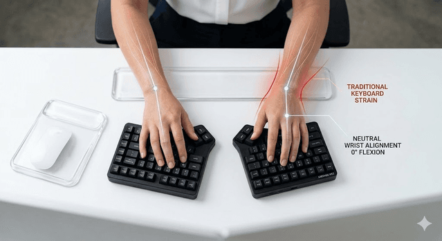 Split ergonomic keyboard setup showing neutral wrist alignment for long typing sessions