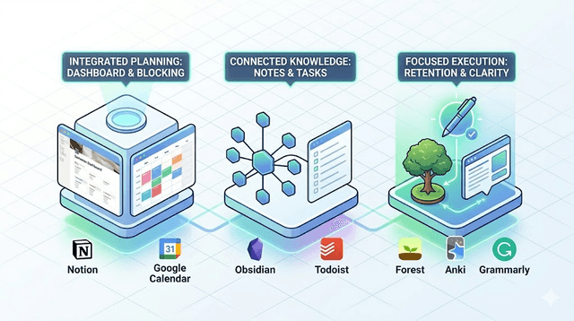 Three-layer productivity system visualization for planning, knowledge, and execution