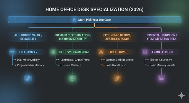 Flowchart guiding standing desk selection by all-around, premium, ergonomic, and budget priorities