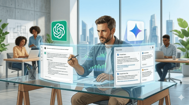Architect in a modern studio using ChatGPT and Gemini holographic interfaces on a curved glass desk