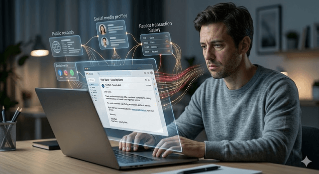 Holographic view of public data aggregating into a polished phishing email for highly targeted social engineering