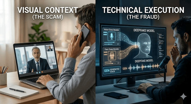 Split view of deepfake voice and video synthesis versus victim on a live call with an attacker at a workstation