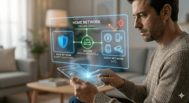 Living room network map isolating IoT devices on guest Wi‑Fi from phones and computers on the main network