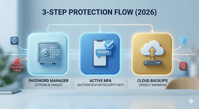 Diagram linking password manager, MFA on key accounts, and backups as core defensive layers