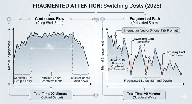 Diagram showing how a brief interruption can trigger extended focus recovery time