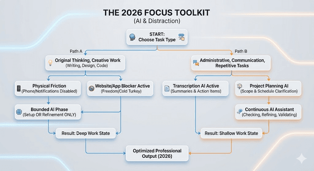 Decision flowchart for selecting AI and blocking tools based on task depth and distraction risk