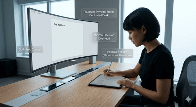 Dedicated desk setup optimized for focus with clean layout, consistent lighting, and minimal distractions