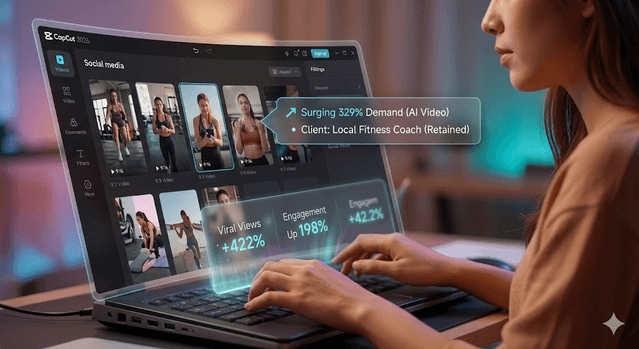 Freelance creator editing short-form client videos in a CapCut-style AI-assisted interface
