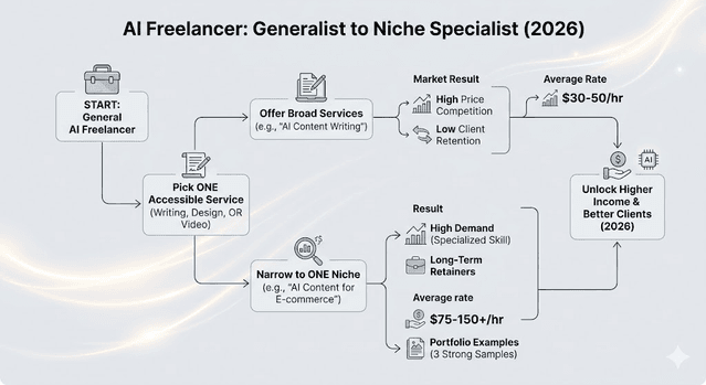Diagram showing transition from generalist offers to niche specialization for higher rates and better-fit clients