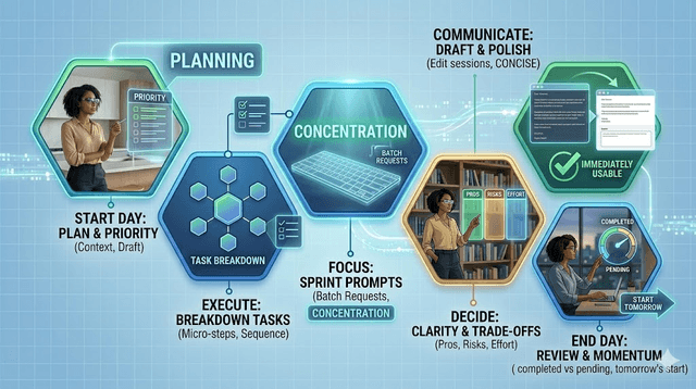 Infographic visualizing a six-step daily productivity framework from planning to momentum review