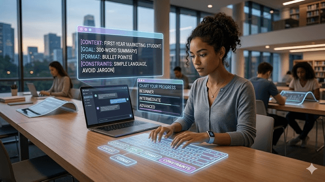 Marketing student in futuristic library writing AI prompts with holographic context-goal-format-constraints keys