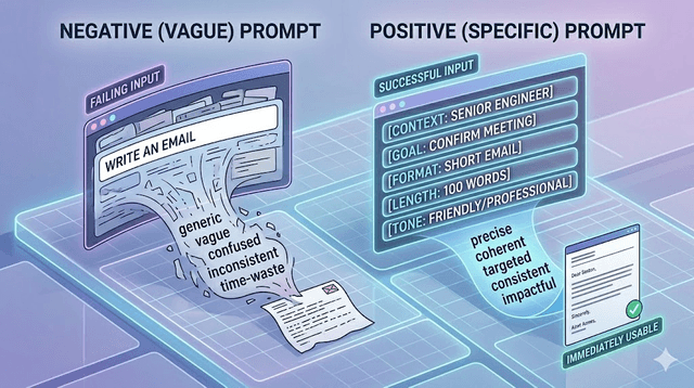 Split infographic comparing vague prompt failure with structured prompt success