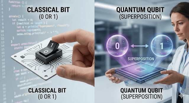 Split visual comparing classical 0 or 1 bit states with a superposition qubit represented as a dynamic sphere