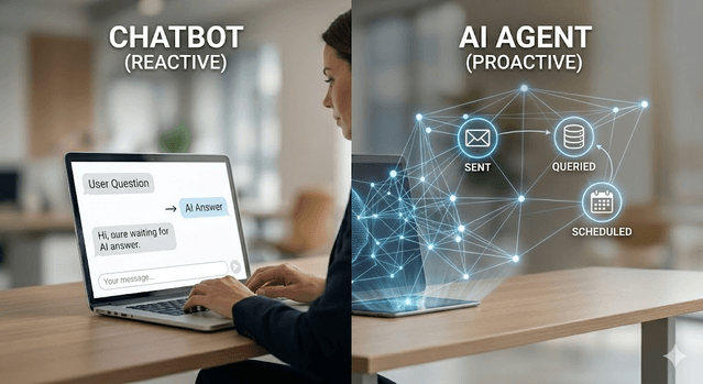 Split visual comparing reactive chatbot laptop use with proactive AI agent orchestrating email, database, and calendar tools